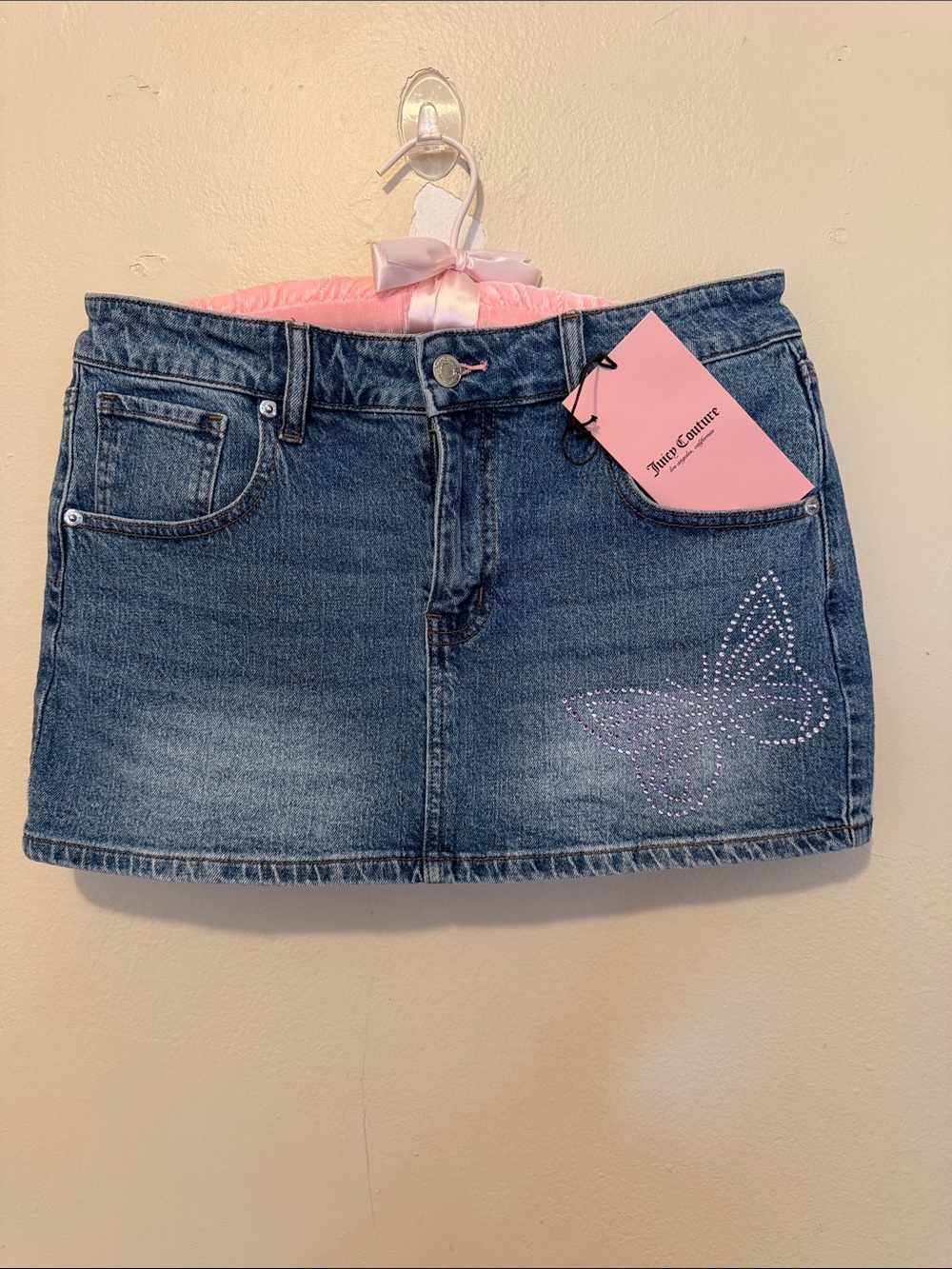 Juicy Couture Blue Denim Mini Skirt with Pink Tag and Rhinestone Butterfly